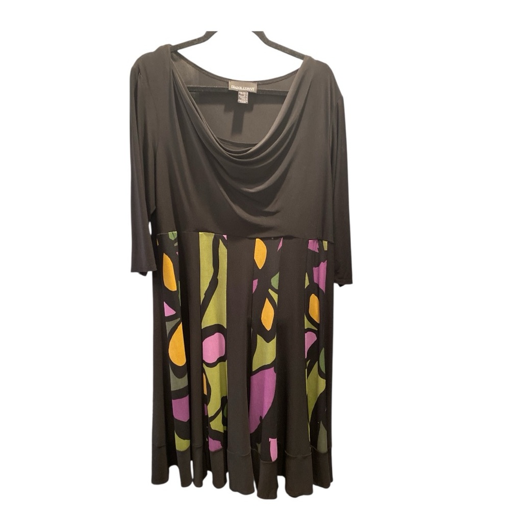 Frank Lyman Black Cowl Neck Dress with Patterned Skirt Size 16